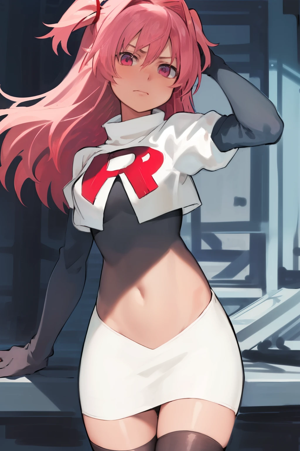 2d, masterpiece, best quality, anime, highly detailed, cowboy shot, 1girl, solo, natsuki, pink eyes, pink hair, medium hair, two side up, hair ribbon, hair ornament, pouty lips,  team rocket,team rocket uniform,white skirt,red letter R,crop top,black thigh-highs,black elbow gloves
