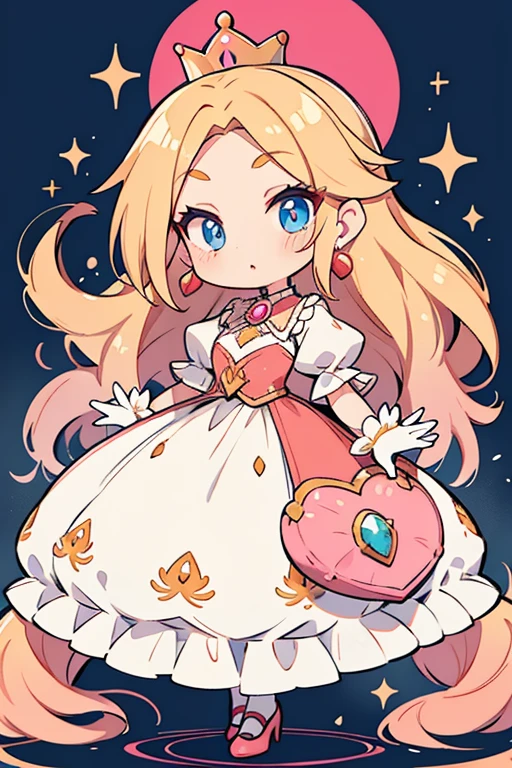Peach from Mario Bros. Peach is a woman with long blonde hair, fair skin, and vivid blue eyes, framed by six lashes and small, thin eyebrows. She has an oval face with a pointed chin, a triangular nose and full pink lips. Her hair has a triangular bang in the center of her forehead, two rows of flips on her back, and two split sideburns framing her face. She wears a pink floor-length dress with puffy sleeves, magenta panniers at the waist, a high collar and a frill of the same color at the hem. Peach wears a set of pink bloomers under her dress. Peach wears a golden crown with red and blue gems, blue spherical earrings, and an oval blue brooch on her chest. She wears long white opera gloves and red heels