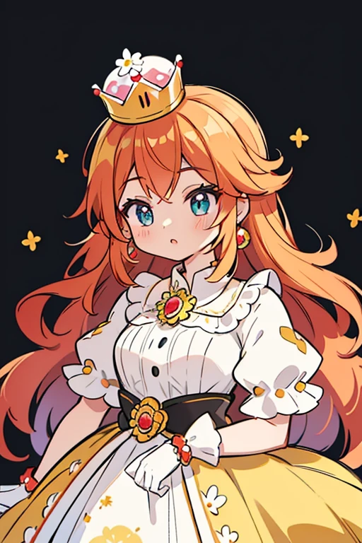 Daisy from Mario Bros. Daisy she had long ginger hair, a flower motif to her white and yellow dress, light skin, and a red crown. This outfit also included flower accessories such as a black flower brooch, flower earrings, and even flower jewels on her crown.