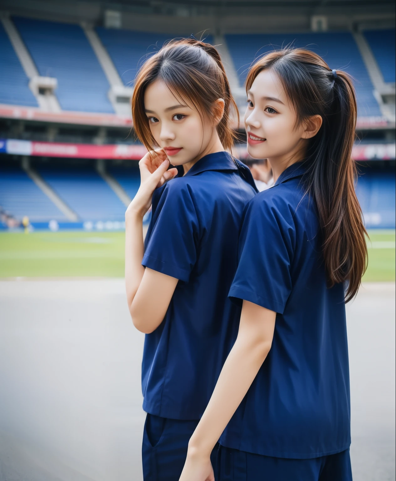 (best quality,10,10,height,Masterpiece:1.2),Special details,(realistic,ภาพrealistic,Realistic photos:1.37),1 cute girl on the football field,shiny skin,only,smile softly,BDclothelue shirt:1.3)),short sleeve,shirt, กางเกงขาlong.,(navy_long_ติดตามกางเกงขาlong:1.1), ((stadium background:1.3)),Dynamic angle,excited,Face focus,dynamic poses,from behind,Focus on the ass.,Masterpiece, best quality, ultra realistic, hyper detail, 8k resolution, raw image, Sharp focus, ((Navy blue shirt:1.1)), short sleeve, เส้นทางlong, Perfect bodyแบบ, 2 mature women, 18 years, movie light,กางเกงขาlongวอร์มสีน้ําเงิน,gym wear,correct anatomy,Perfect body, correct body, Sharp face, correct bodyทางกายวิภาค, full body, realistic gestures, long-haired, realistic poses,Wear long shorts...........................................,ช่วงขาlong,Good shape,sculpted girl, Slender figure, mannequin, Good shape, beautiful body,กางเกงขาlongวอร์มสีน้ําเงิน, two girls kissing