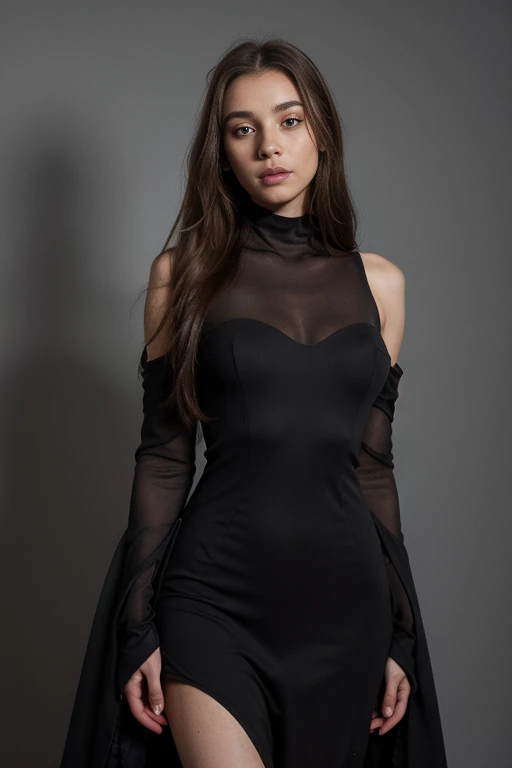 ((best quality)), ((masterpiece)), (detailed), perfect face realistic photo of beautiful woman with long dark brown hair, Russian, influencer, light freckles, dark brown eyes, big lips, no makeup, instagram, in a black dress standing in front of a gray background, inspired by Slava Raškaj, reddit, long luxurious gown, minimal bodycon feminine costume, with shoulder pads, trending on r/techwearclothing, clay, evening formal robes, elevation, assymetrical, skyline, jungle gown, elongated arms, chic, product photo, dark tone, dressed