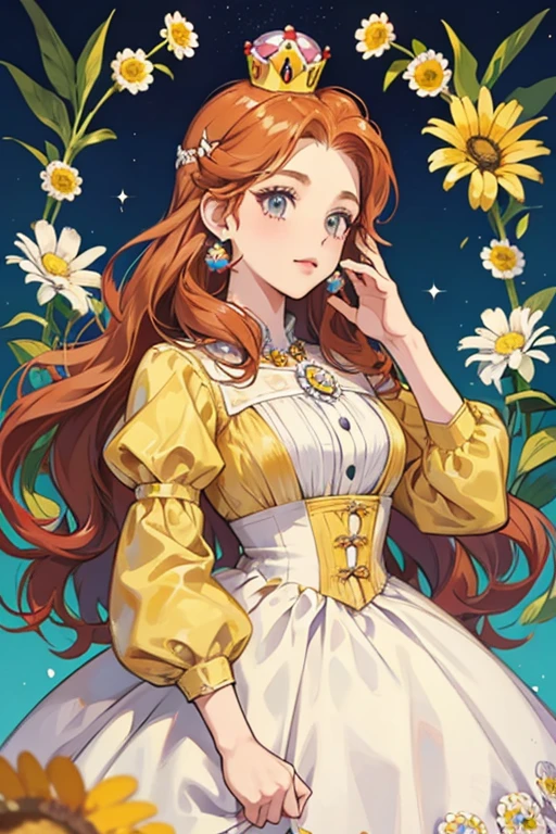 Daisy from Mario Bros. Daisy she had long ginger hair, a flower motif to her white and yellow dress, light skin, and a red crown. This outfit also included flower accessories such as a black flower brooch, flower earrings, and even flower jewels on her crown. The daisy-motif has only changed once since - a teal-blue color was added.