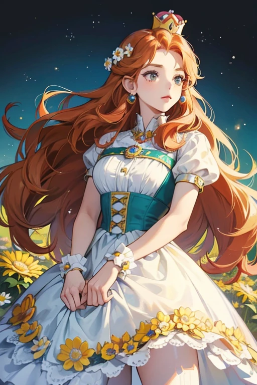 Daisy from Mario Bros. Daisy she had long ginger hair, a flower motif to her white and yellow dress, light skin, and a red crown. This outfit also included flower accessories such as a black flower brooch, flower earrings, and even flower jewels on her crown. The daisy-motif has only changed once since - a teal-blue color was added.