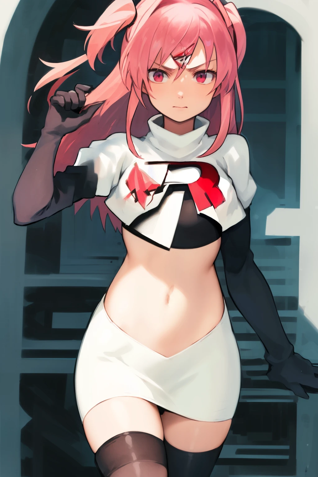 2d, masterpiece, best quality, anime, highly detailed, cowboy shot, 1girl, solo, natsuki, pink eyes, pink hair, medium hair, two side up, hair ribbon, hair ornament, pouty lips,  team rocket,team rocket uniform,white skirt,red letter R,crop top,black thigh-highs,black elbow gloves
