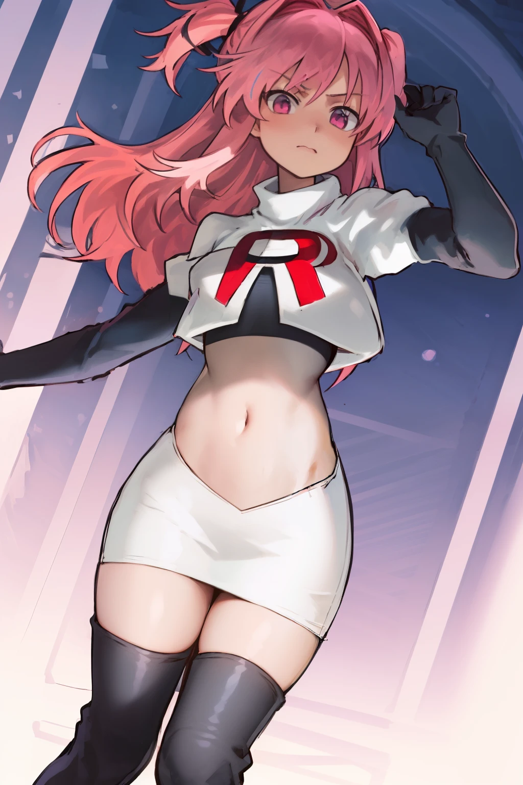 2d, masterpiece, best quality, anime, highly detailed, cowboy shot, 1girl, solo, natsuki, pink eyes, pink hair, medium hair, two side up, hair ribbon, hair ornament, pouty lips,  team rocket,team rocket uniform,white skirt,red letter R,crop top,black thigh-highs,black elbow gloves
