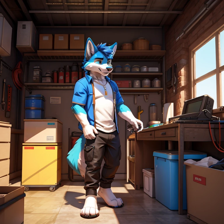 Blue wolf with white and yellow markings, mit schwarz blauen tech-pants, in der garage, daneben ein 3d drucker, In the background are tools and cupboards, holds a cordless screwdriver
