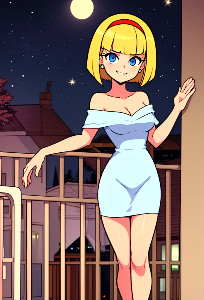 Best quality, masterpiece, standing up, blonde hair, bob cut blue eyes, red hairband, hoop earrings, medium breasts, seductive, looking at viewer, red off-shoulder dress, r3dOffshOuld3r, moonlight, night sky, balcony, Light smile, cleavage