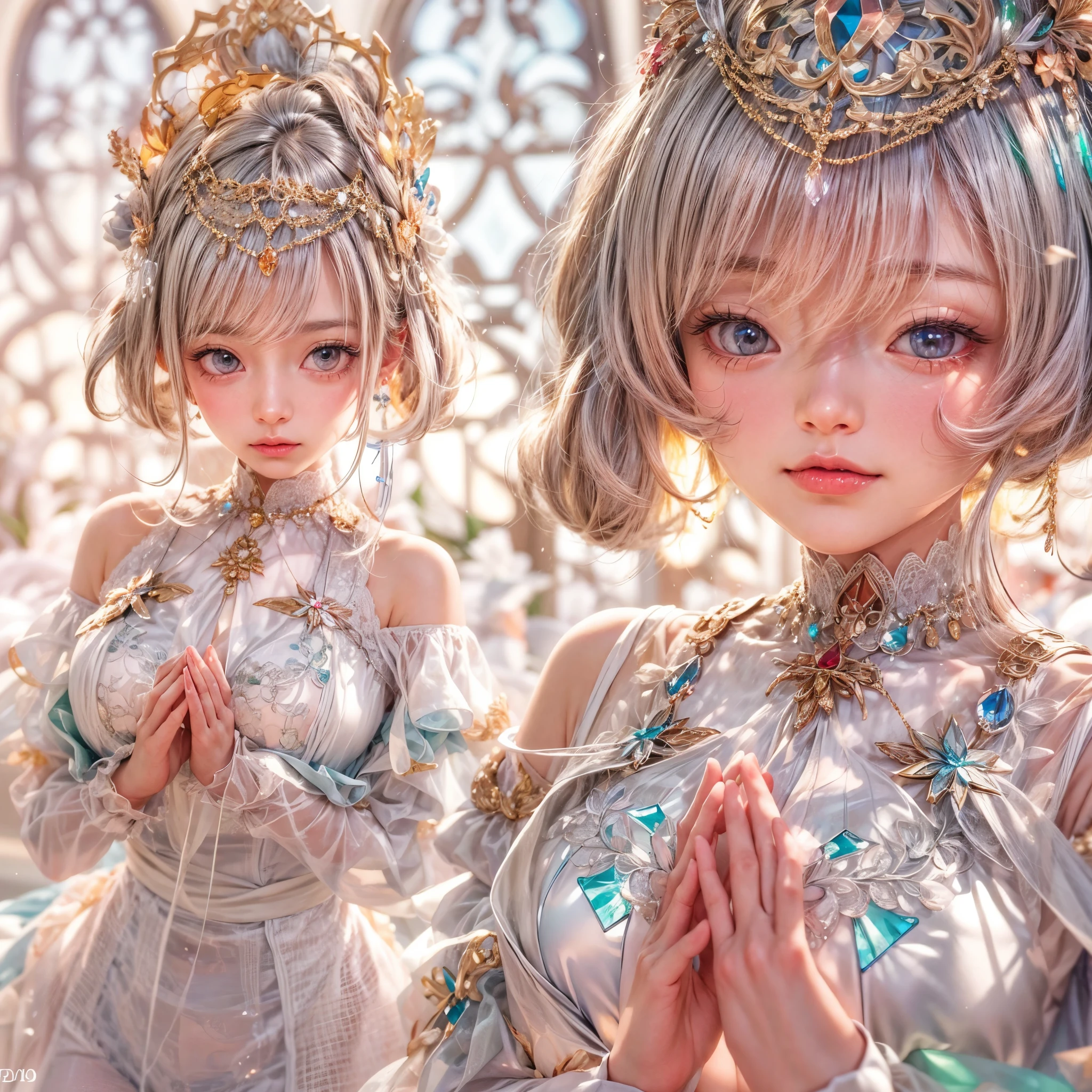SFW, concept art, Tiny junior idol, Delicate lace knitted white clothes, (nipple:-0.9), face closeup, ((Dazzling stained glass Background)), (((Renbutsu Misako), colorful Light shines through stunning elaborate stained glass:1.2, vivid Red colors, lense Particle, lens flare, light Particle, Dazzling Halo, Acutance:0.8)). (masterpiece:1.2),(ultra-detailed:1.37),(realistic,photorealistic,photo-realistic:1.37), (Extremely detailed KAWAII face variations, innocent expression variations), rosy cheeks, intricate detailed eyes with sparkling highlights, long eyelashes with volume, subtle blush on the face. Mystic sight, haze, impeccable skin texture, captivating gaze, ((Dynamic-angle, physically-based rendering)) . (((not Detailed fingers:-0.9))) .