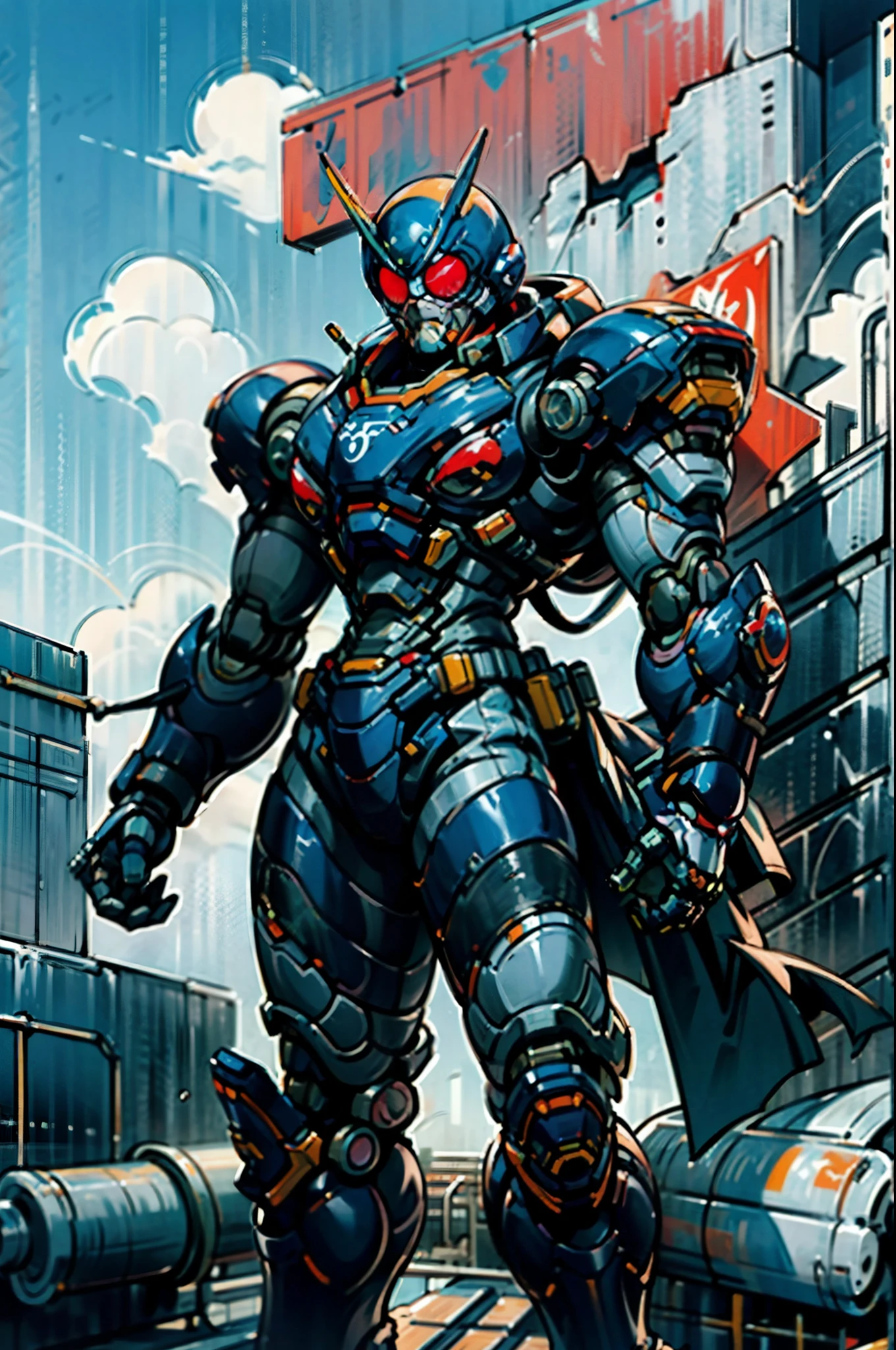 A super  a high-tech biotech battle suit, standing on a rooftop, looking over the city, Japanese tokusatsu and American comic style, biometallic texture of the suit, sleek and shiny, dynamic, fast, natural light, cinematic, high quality, high resolution, high detail, sophisticated design, dramatic, high definition, ultra-detailed, ultra-fine painting, extremely delicate, creativity, Natural light, cinematic lighting, best shadow, masterpiece-anatomy-perfect