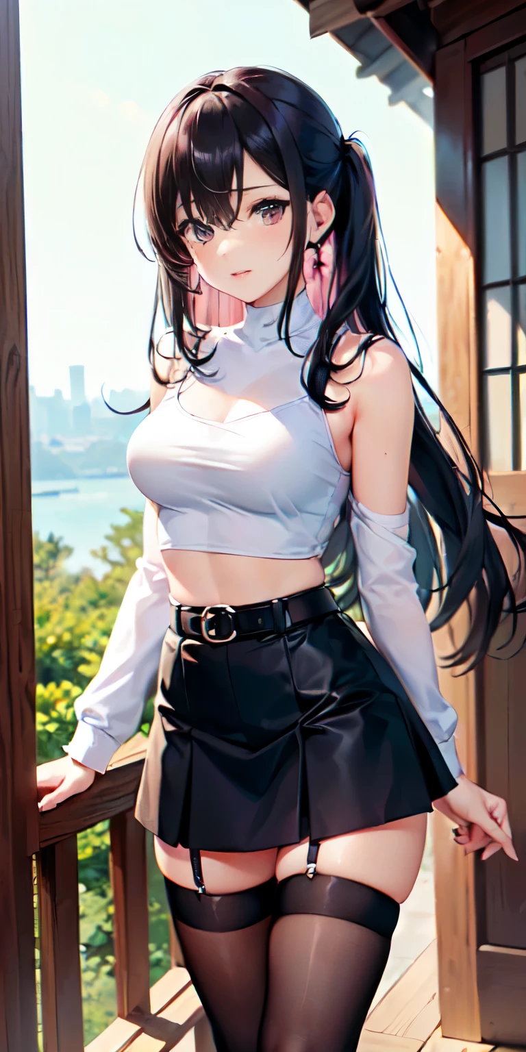 (((obra maestra, mejor calidad, highres, hmeliza, 1girl, hair over one eye, jewelry, single thighhigh, midriff, black skirt, asymmetrical legwear, pink shirt, black thighhighs, belt, miniskirt, standing, cowboy shot, outdoors, filed, flower )))