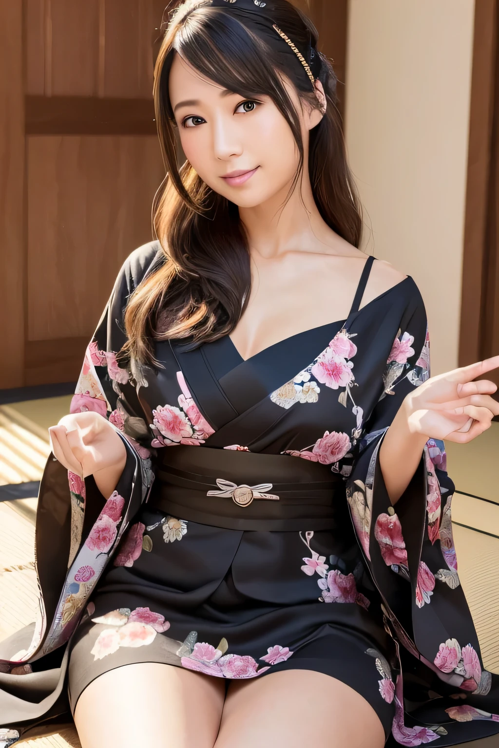 (photoreal:1.4), (Top image quality:1.0), (超High resolution:1.0), 8k, Raw photography, (masterpiece:0.2), (最高quality Detail:1.2)、realistic、8K UHD、High resolution、1 girl、超be familiar withな、High quality textures、intricate details、be familiar with、Very be familiar with CG、High quality shadows、美しく繊細な顔のbe familiar with、Beautiful and delicate eyes in every detail、written boundary depth、ray tracing,30 only、thin, black kimono, Japanese pattern kimono,floral scrunchie, beautiful skin, facing the front,Please sit down, Sit upright and say thank you,Arrange your hands elegantly,Japan with a faint smile,Japanese garden,luxurious Japanese room, magic hour、 (realistic:1.3), quality, (pieces fly:1.2), (realistic:1.2), (最高quality), (複雑なbe familiar with), dramatic, ray tracing, photograph, Medium chest