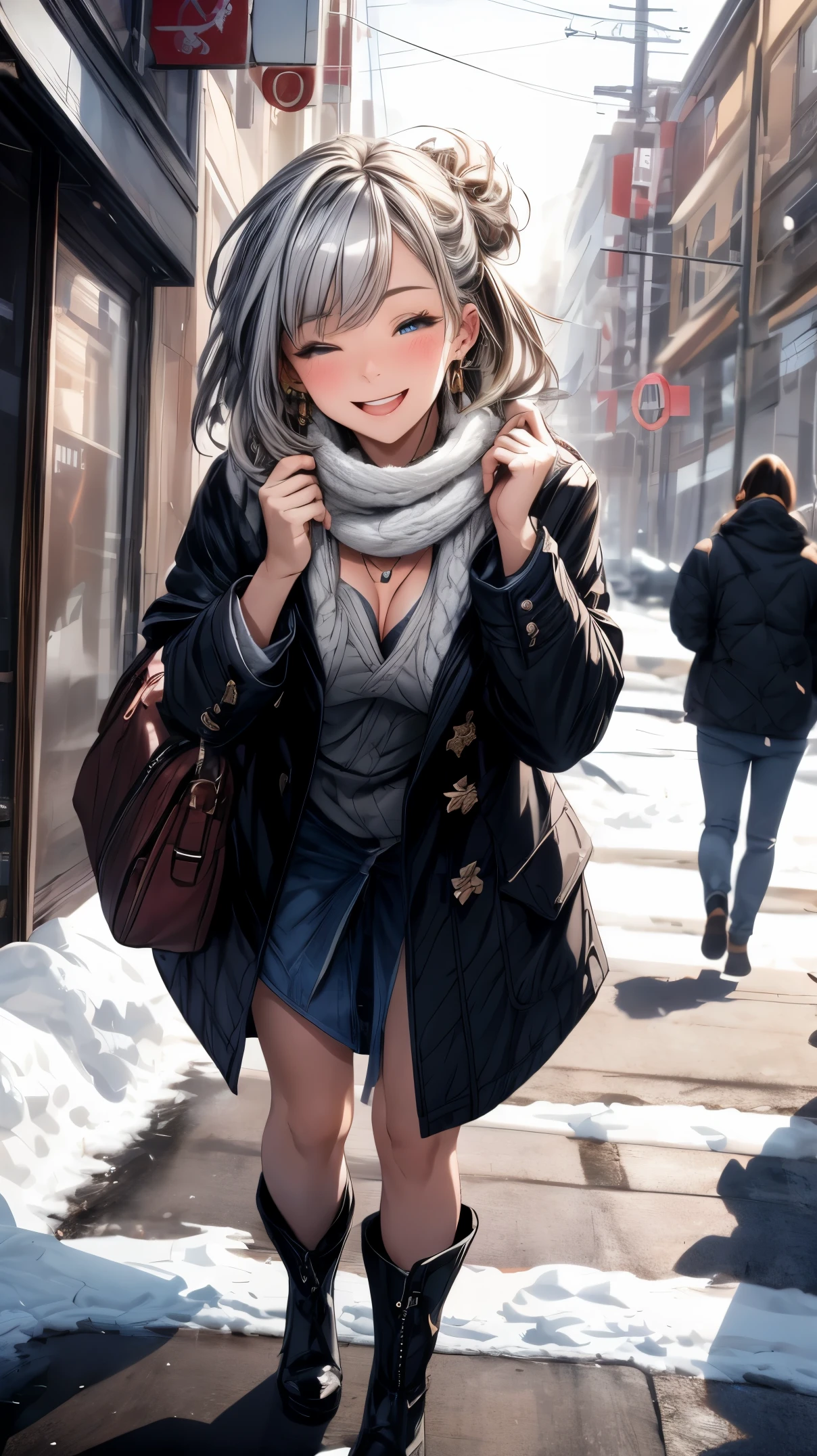 (masterpiece, best quality:1.2), (high resolution, 8K RAW photo, photo realistics, clear focus, weak outline:1.3), (natural lighting, textile shading), pov, ((solo:1.5)), 1 matured woman, 26 years old, ((milf:1.5)), ((nfsw:1.37, fuge breast:1.3, sagging breast, big tits, breast cleavage, harass sexually)), ((Bright beautiful eyes:1.3, detailed pupils)), (beautiful girl in winter clothes throwing small snowballs), with holding a small snowball, rising up left hand above, throwing pose, (winter outfits, duffle coat:1.2, knit scarfs around neck, tihg-length long boots), Snowballs fighting, flying small snowballs, in the snow, (looking at viewers, with smiling, half-closed eyes), raised sexy, (little opening mouth:1.3), light purple mesh in silver hair, medium short hair, hair over one eye, asymmetric hair, half updo hair, side rock, blue eyes, (Luxury detailed accessories, necklace, earrings, Bracelets), bokeh, dynamic angle, leaning forward:1.2, close-up face:1.5, full body, from below:1.2, (correct anatomy:1.6, ideal ratio of body proportions, correct hand:1.5, small hands),