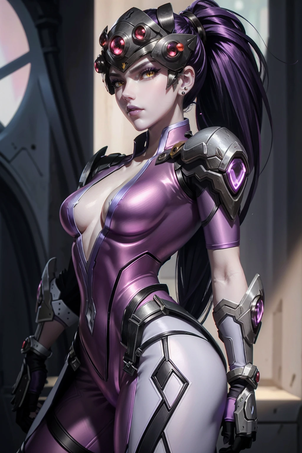 WidowOver, 1girl, widowmaker (overwatch), solo, head-mounted display, yellow eyes, long hair, colored skin, purple skin, ponytail, purple lips, jewelry, earrings, bodysuit, hair pulled back, lips, breasts, purple hair, upper body, stud earrings, makeup, looking at viewer, nose, lipstick, pink bodysuit, pauldrons, shoulder armor, medium breasts, closed mouth