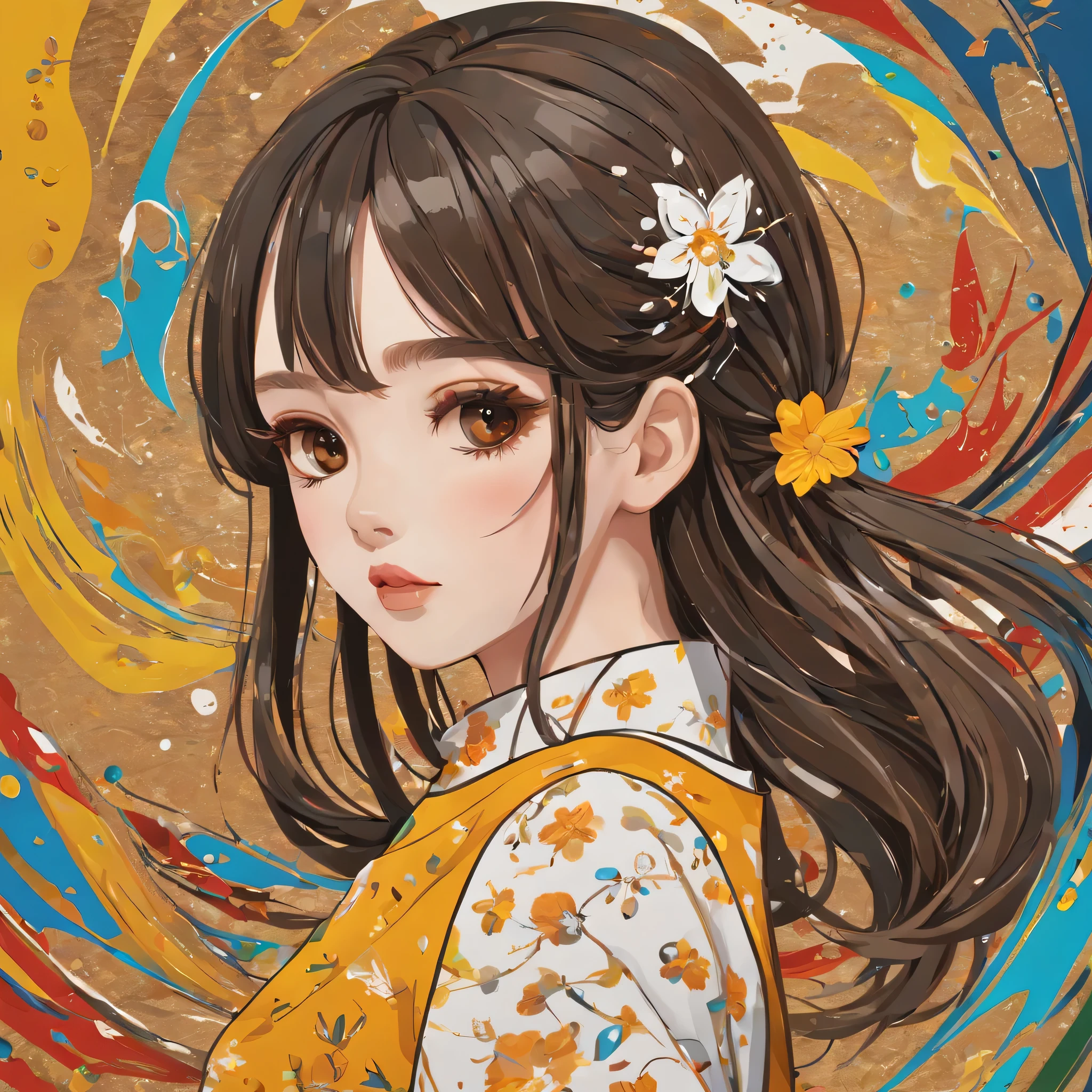 (a sticker,),(3D anime girl),dress, elegance,beautyful face,(In circlerown background), (pollock border)(oil painting style), ultra - detailed, best quality, Detailed diagram, vectorized, 8K, 专业a sticker设计, Graphic design, vector lines, a sticker, Full-HD