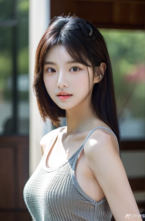 (1 Cute Korean Star) shoulder length hair, light makeup, big chest size, wearing a tank top, clear facial features, 8K high resolution, edgy, realistic detailed.From outside, Eye level shooting, F/4.0, 135mm, FujiFilm, jpeg artiFacts, Dithering, UHD, masterpiece, with my whole body, upper body, correct posture, Future-prooF, facing forward, wearing a tank top, idol