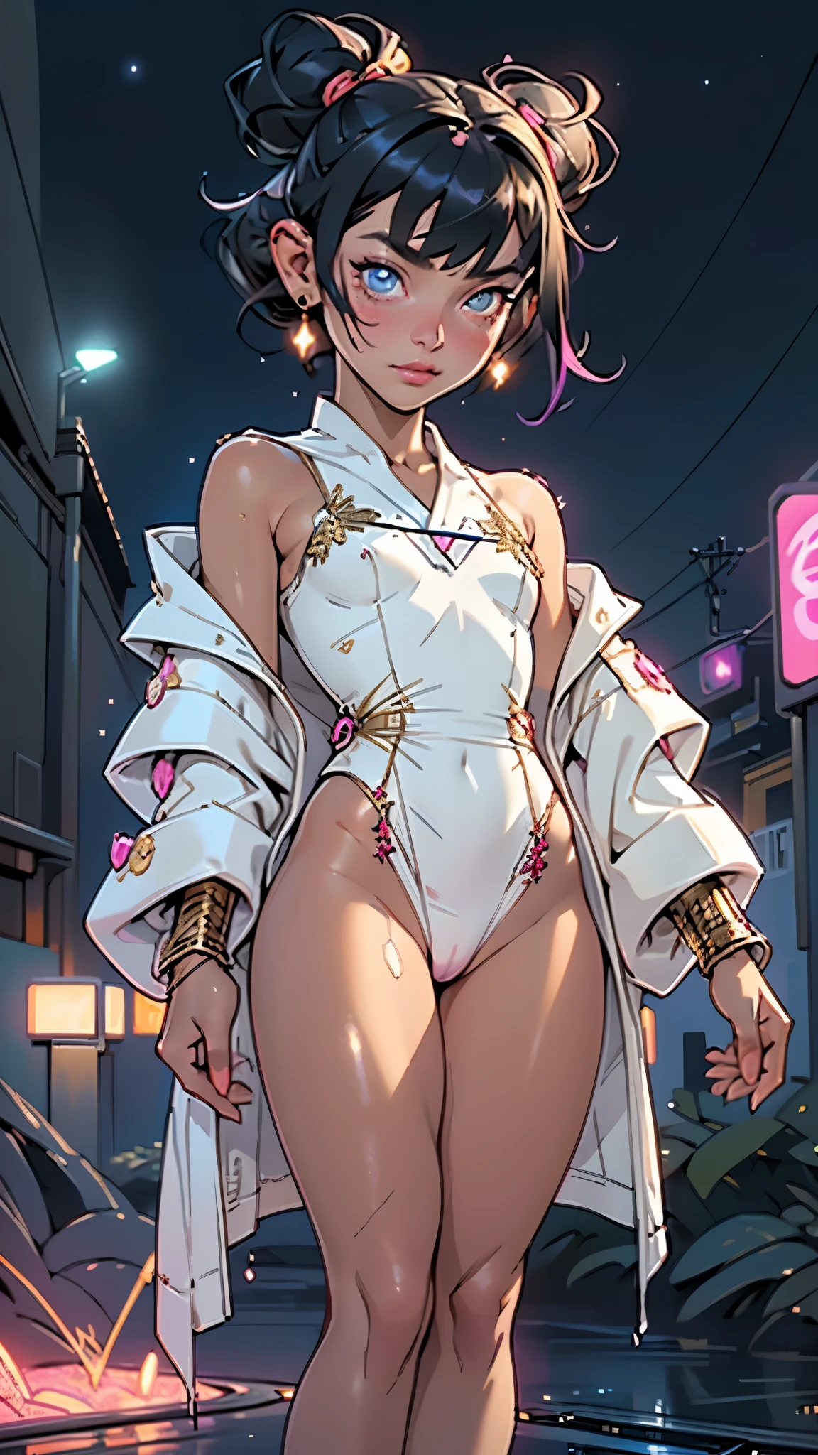 cute little ,(((little lolill tiny body,petite,chibi))),(((6 years ttle loli with extremelye and beautiful black hair)),(baby face), (round face),bit girl,Small loli,smallunderboob,
(at chest))),(((black hair:1.5,Qi bangs,double bun hair,colored inner hair,ear breathing))),((heterochromia:1.5, (pink_eye and gold_eye))),intricate eyes,beautiful detailed eyes,symmetrical eyes,big eyes:1.5,(((lustrous skin:1.5,bright skin: 1.5,skin tanned,shiny skin,very shiny skin,shiny body,plastic glitter skin,exaggerated shiny skin,illuminated skin,wet legs))),(detailed body,(detailed face)),
cute,slutty,erotic,((nsfw)),
zettai ryouiki,(revealing clothing,show skin),(((white dressing gown,Gold wire embroidery))),((wet clothes,intricate outfit,intricate clothes)),
(dynamic pose:1.0),embarrassed,(centered,scale to fit dimensions,Rule of thirds),
cyberpunk city by the ocean at night, with bright neon signs and dark stormy clouds and puddles, scenery:1.25,nighttime, starry night, cosmos,Very dark night that makes the neon lights stand out, very bright neon lights,nighttime, starry night, cosmos,
artistic photography,(photography taken by sldr),highres, sharp focus,(ultra detailed, extremely detailed), (photorealistic artwork:1.37),(extremely detailed CG unity 8k wallpaper),((synthwave background theme)),(((vibrant colors))),intricate,(intricate background),(masterpiece),(best quality),perfect rendered face,perfect face details,realistic face,photo realistic,analog style,((intricate detail)),(((realism))),