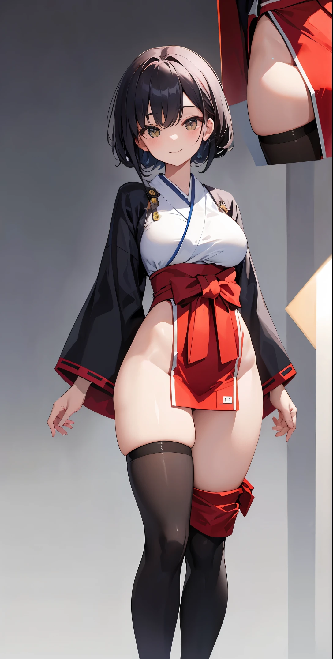 masterpiece of,(perfect anatomy:1.4), best quality, expensive_solve, small details, expensively detailed and beautiful, clear_image、((big breasts))、((thigh high socks))、(smile)、(hakama)、((one girl)), (Thighs are visible through the slit)