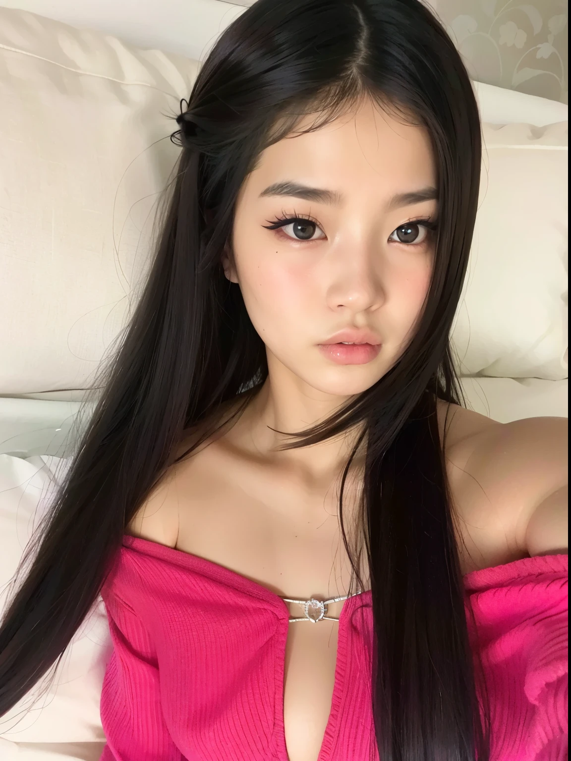 um close up de uma mulher em um vestido rosa deitado em uma cama, Menina coreana, Lalisa Manobal, beautiful Asian girl, linda mulher sul-coreana, Xisionwu, 18 anos de idade, Asian girl, linda jovem coreana, asian features, adorable and pale korean face, 1 8 are, beautiful chinese model, sha xi, jaeyeon nam