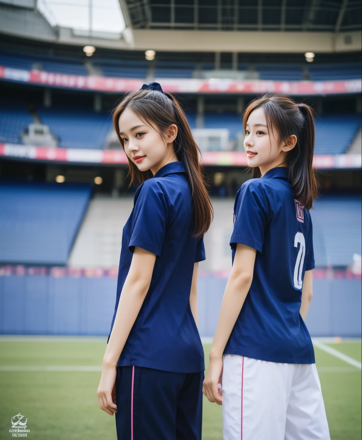 (best quality,10,10,height,Masterpiece:1.2),Special details,(realistic,ภาพrealistic,Realistic photos:1.37),1 cute girl on the football field,shiny skin,only,smile softly,BDclothelue shirt:1.3)),short sleeve,shirt, กางเกงขาlong.,(navy_long_ติดตามกางเกงขาlong:1.1), ((stadium background:1.3)),Dynamic angle,excited,Face focus,dynamic poses,from behind,Focus on the ass.,Masterpiece, best quality, ultra realistic, hyper detail, 8k resolution, raw image, Sharp focus, ((Navy blue shirt:1.1)), short sleeve, เส้นทางlong, Perfect bodyแบบ, 2 mature women, 18 years, movie light,กางเกงขาlongวอร์มสีน้ําเงิน,gym wear,correct anatomy,Perfect body, correct body, Sharp face, correct bodyทางกายวิภาค, full body, realistic gestures, long-haired, realistic poses,Wear long shorts...........................................,ช่วงขาlong,Good shape,sculpted girl, Slender figure, mannequin, Good shape, beautiful body,กางเกงขาlongวอร์มสีน้ําเงิน, two girls kissing