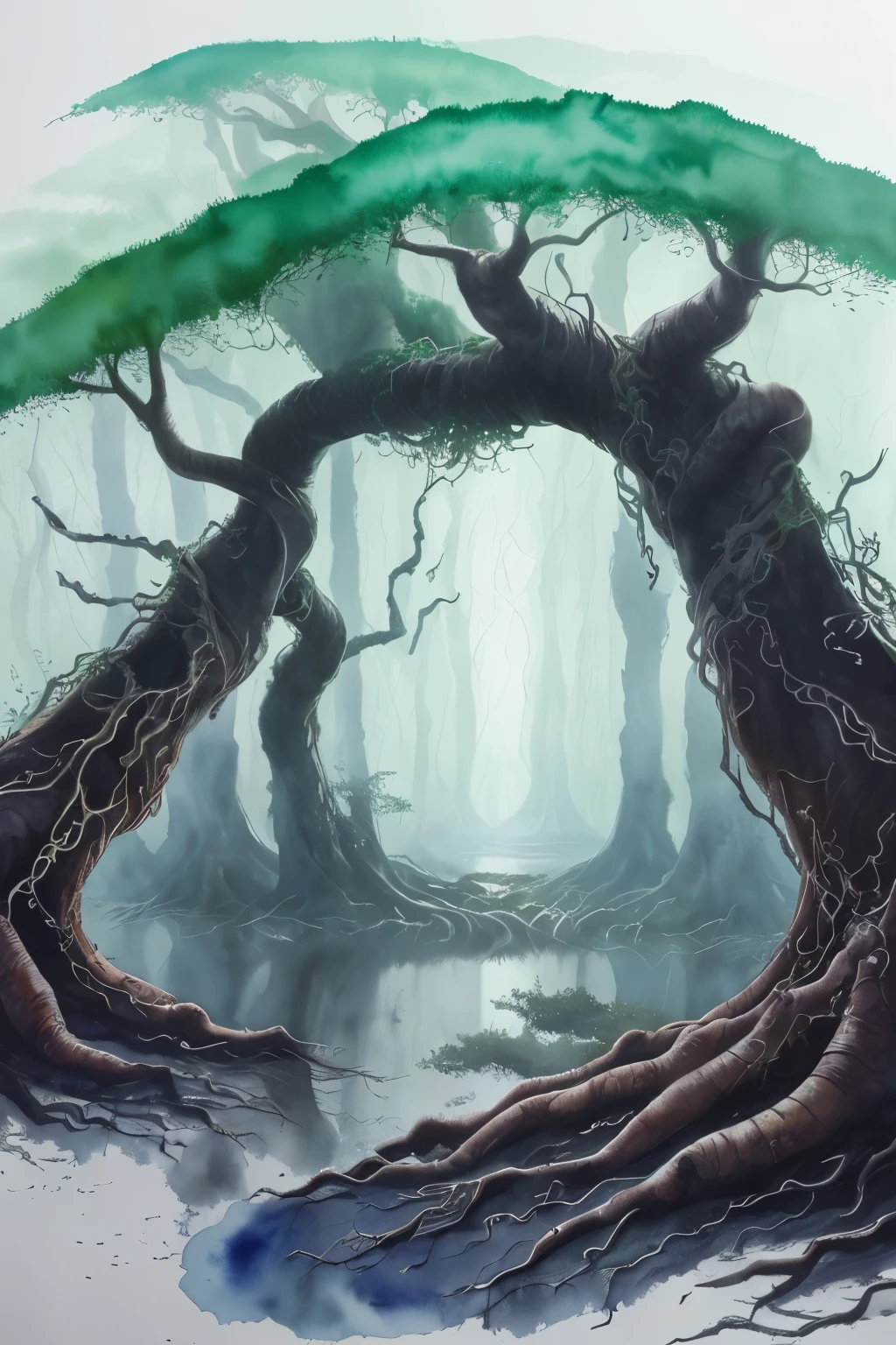 A vibrant watercolor painting depicts a mystical jungle, where wispy tendrils of mist curl around the gnarled roots of ancient trees. In the distance, a pair of glowing eyes glimmer from within the emerald depths, hinting at a creature both beautiful and strange.