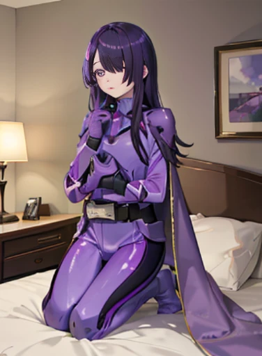 (very fine touch:1.2), (ray tracing:1.2), masterpiece, highest quality, high quality perfect face, solo 1 girl papillion auger, , cape, armor, belt, body suit, purple cape, purple body suit, gloves, buckle, black hair, left hair over one eye ,, purple eyes, No expression, long hair, hands tied on the bed，inside the hotel，