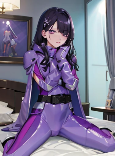 (very fine touch:1.2), (ray tracing:1.2), masterpiece, highest quality, high quality perfect face, solo 1 girl papillion auger, , cape, armor, belt, body suit, purple cape, purple body suit, gloves, buckle, black hair, left hair over one eye ,, purple eyes, No expression, long hair, hands tied on the bed，inside the hotel，