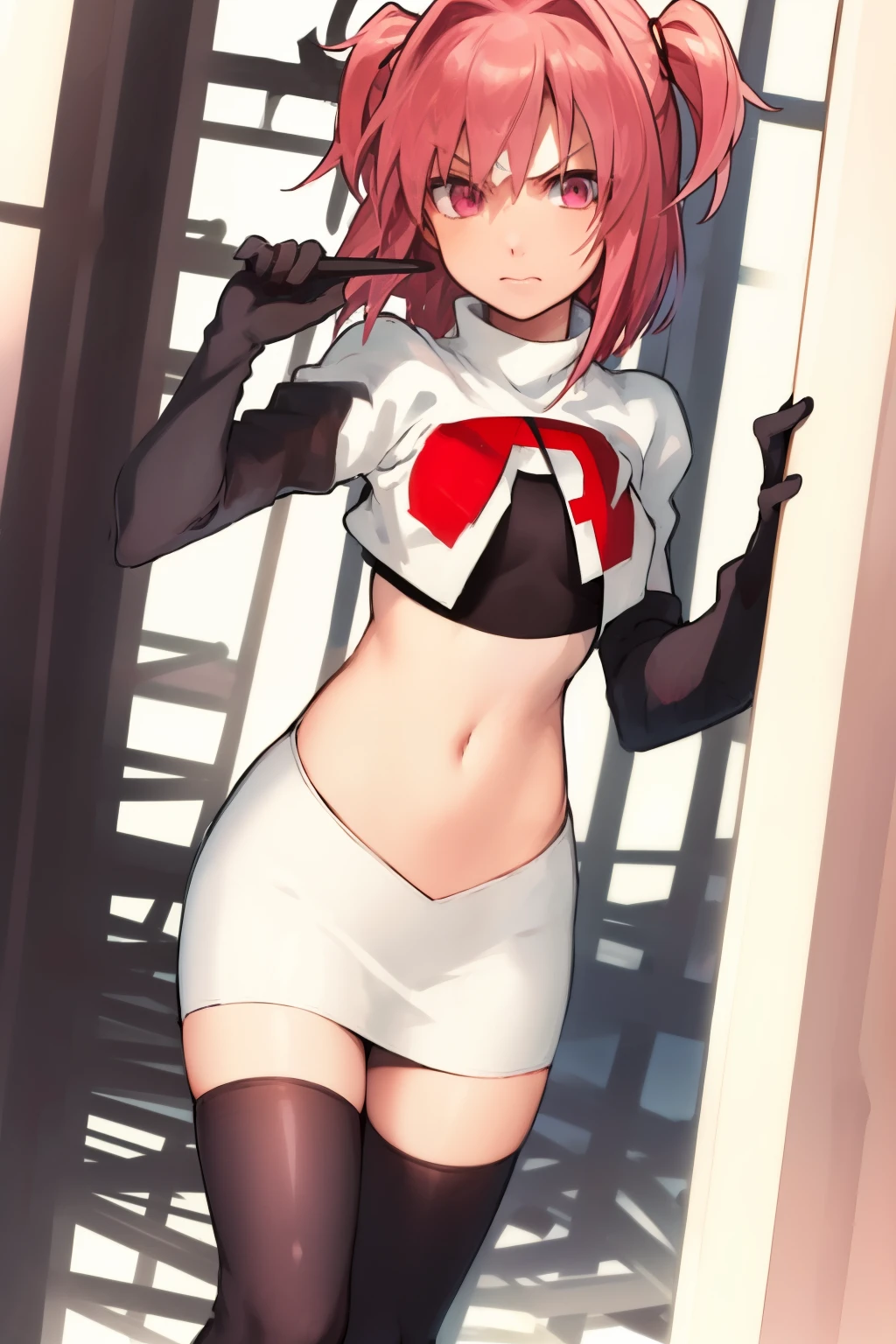 2d, masterpiece, best quality, anime, highly detailed, cowboy shot, 1girl, solo, natsuki, pink eyes, pink hair, medium hair, two side up, hair ribbon, hair ornament, pouty lips,  team rocket,team rocket uniform,white skirt,red letter R,crop top,black thigh-highs,black elbow gloves
