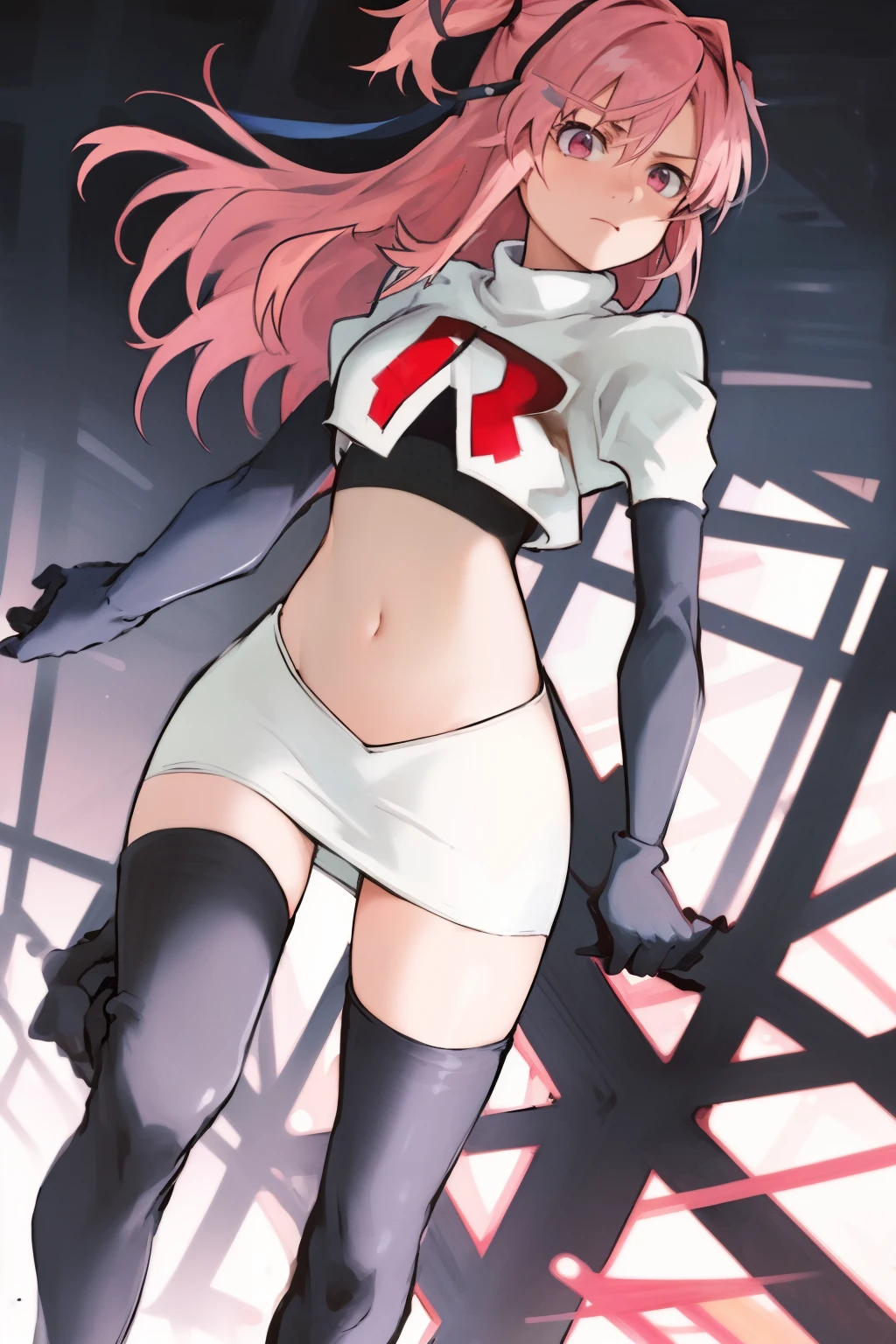 2d, masterpiece, best quality, anime, highly detailed, cowboy shot, 1girl, solo, natsuki, pink eyes, pink hair, medium hair, two side up, hair ribbon, hair ornament, pouty lips,  team rocket,team rocket uniform,white skirt,red letter R,crop top,black thigh-highs,black elbow gloves
