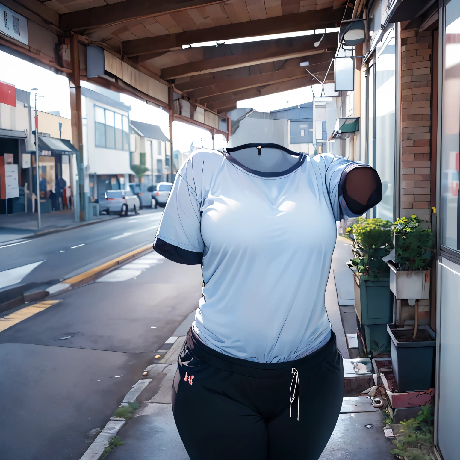 absurdres, highres, ultra detailed, shirt and leggings, cute big breasts, (invisible, no human, headless, handless:1.5), chubby, (close up to breasts), cute pose