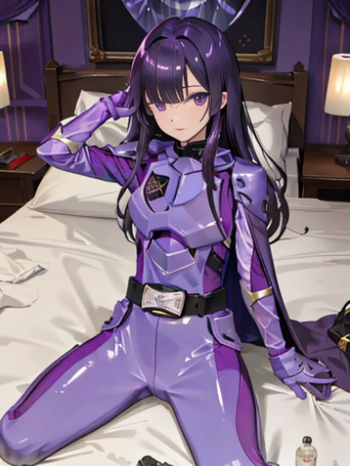 (very fine touch:1.2), (ray tracing:1.2), masterpiece, highest quality, high quality perfect face, solo 1 girl papillion auger, , cape, armor, belt, body suit, purple cape, purple body suit, gloves, buckle, black hair, left hair over one eye ,, purple eyes, No expression, long hair, on the bed，inside the hotel，