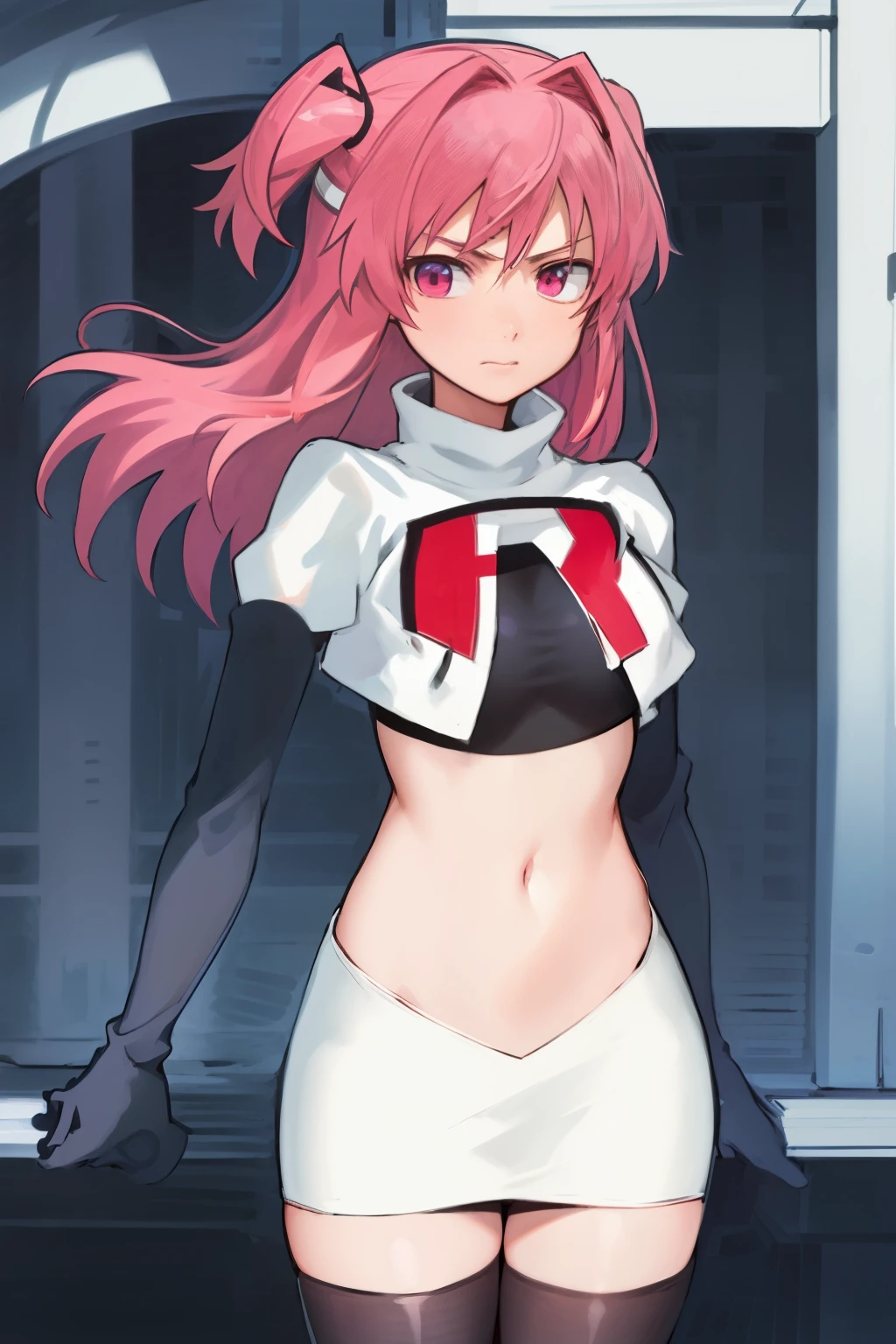 2d, masterpiece, best quality, anime, highly detailed, cowboy shot, 1girl, solo, natsuki, pink eyes, pink hair, medium hair, two side up, hair ribbon, hair ornament, pouty lips,  team rocket,team rocket uniform,white skirt,red letter R,crop top,black thigh-highs,black elbow gloves
