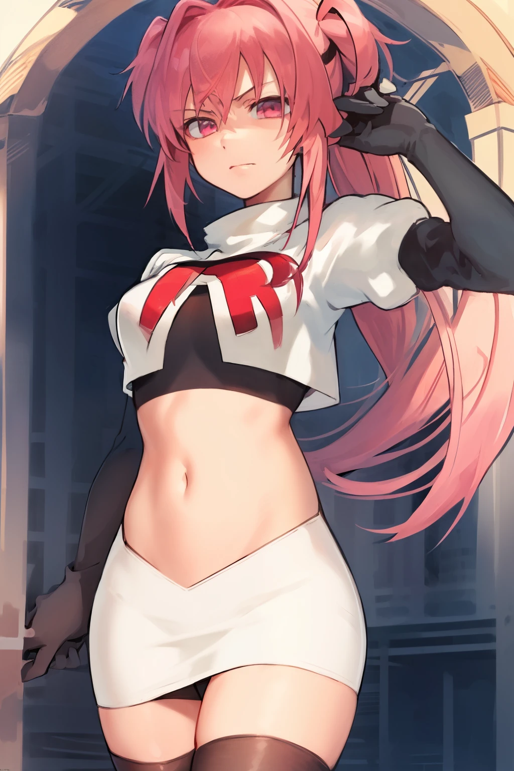 2d, masterpiece, best quality, anime, highly detailed, cowboy shot, 1girl, solo, natsuki, pink eyes, pink hair, medium hair, two side up, hair ribbon, hair ornament, pouty lips,  team rocket,team rocket uniform,white skirt,red letter R,crop top,black thigh-highs,black elbow gloves
