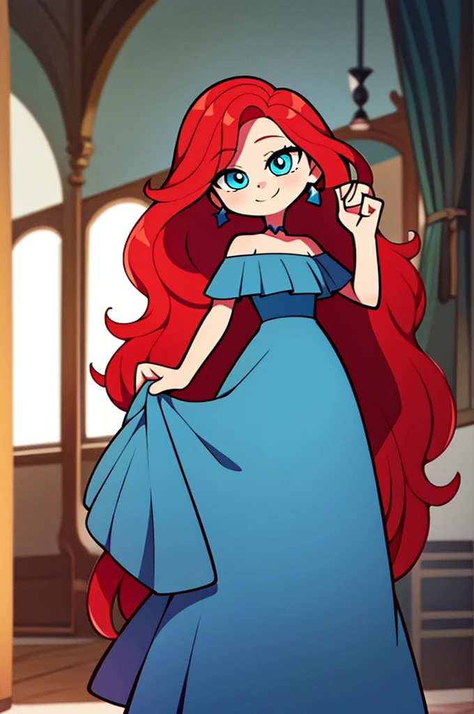 1 girl, , Red hair, Long Red hair, Medium Hair, Blue eyes, Blue off shoulder dress, Blue Flamenco Dress, Flamenco dancer, long skirt, standing up, Smile, room, indoor, window, daylight at the city, Sexy, masterpiece, High quality. 2D illustration
