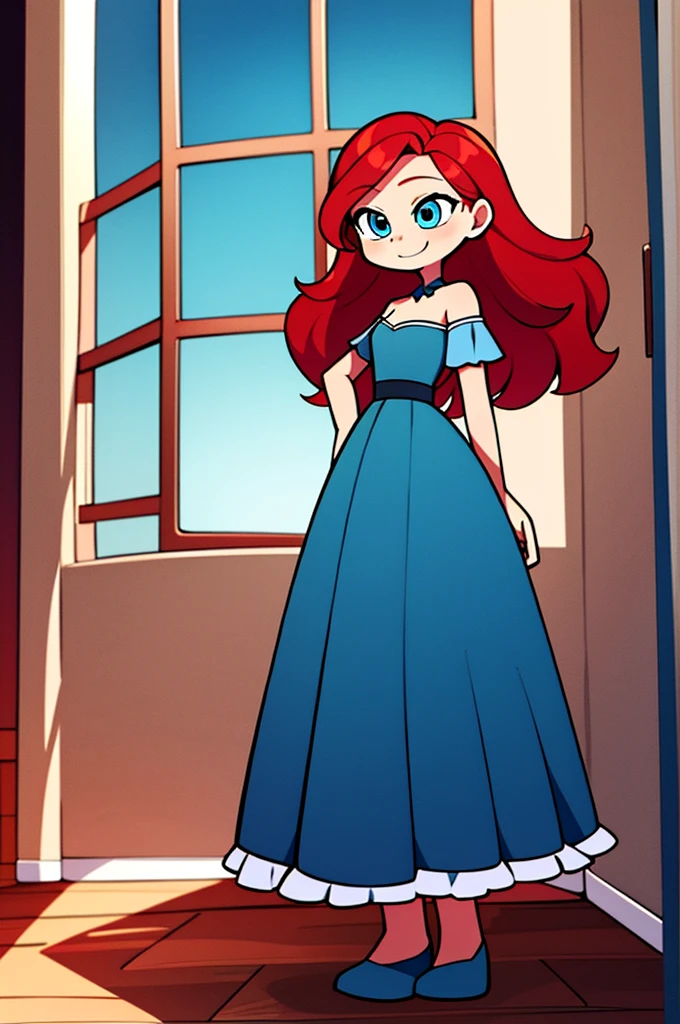 1 girl, Teenage, Red hair, Long Red hair, Medium Hair, Blue eyes, Blue off shoulder dress, Blue Flamenco Dress, Flamenco dancer, long skirt, standing up, Smile, room, indoor, window, daylight at the city, Sexy, masterpiece, High quality. 2D illustration
