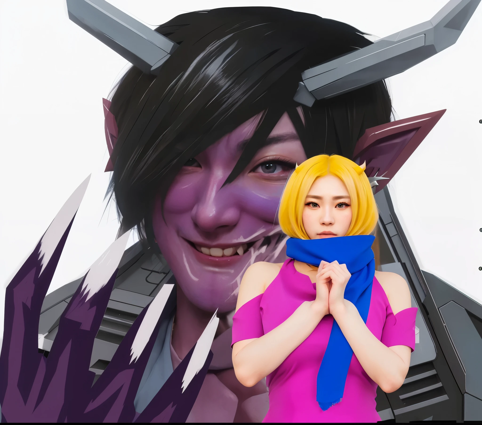 Enchance anime character to reality, Super realistic,pretty Asian girl with blonde hair,pink dress,blues scarf and Man devil with horns in head,grey jacket, ultra HD, detailing masterpiece,8k