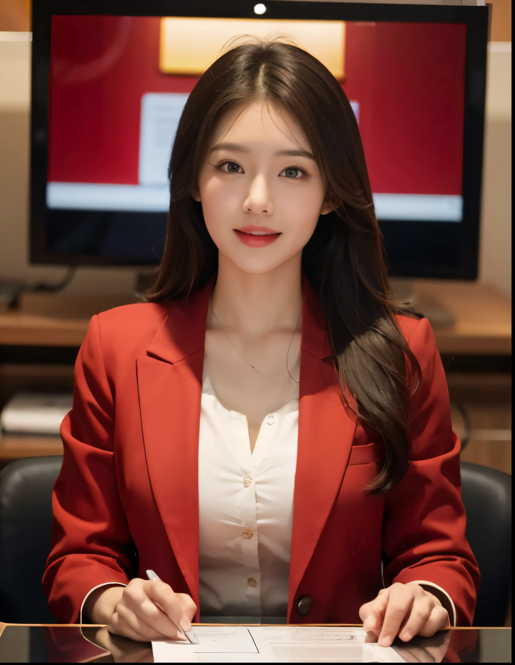 Asian woman in cream red dress sitting at desk, Gentle and cute,news broadcast, news clips, Smile,high quality news clips, News report, evening news program, television news, girl, news clips,