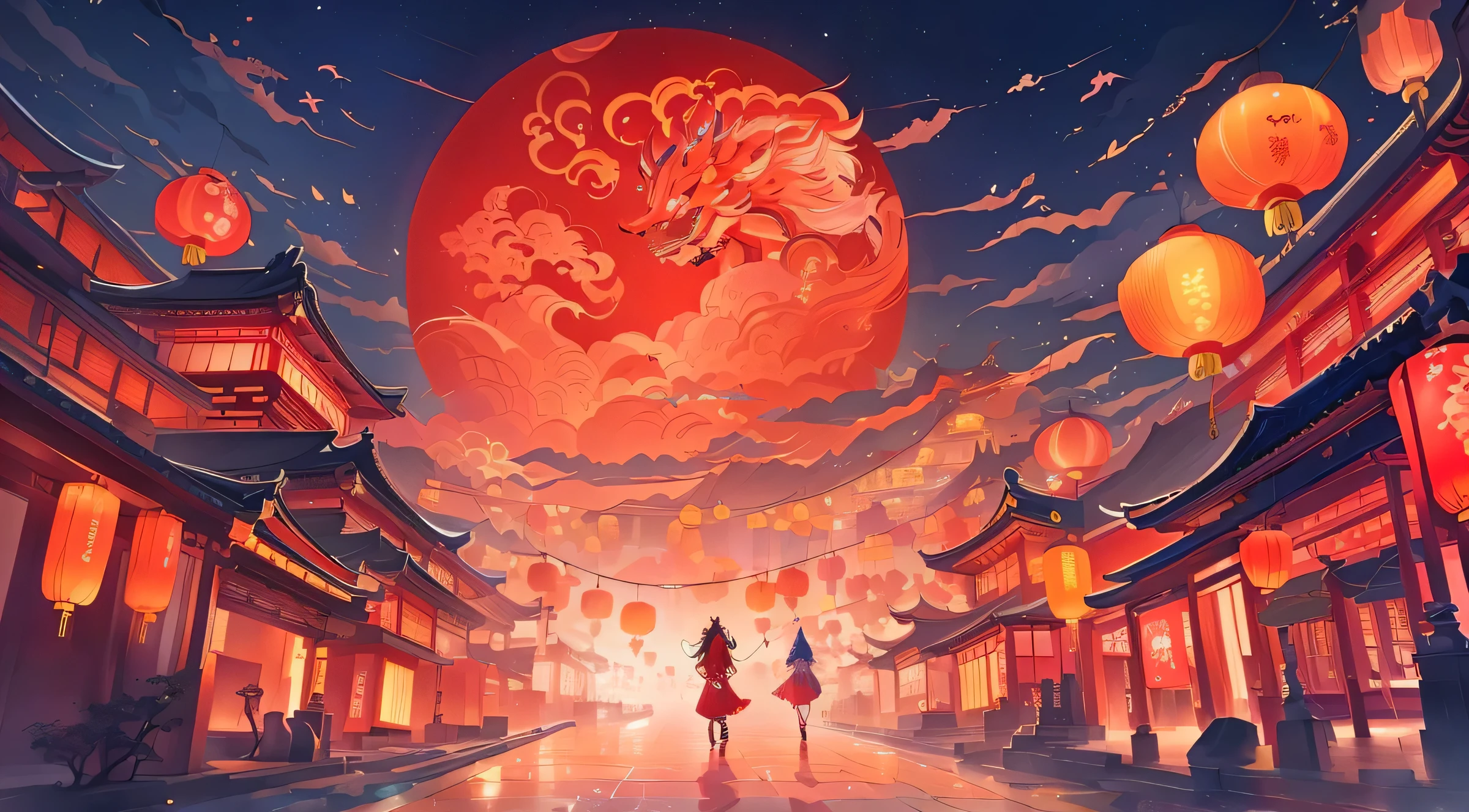 japanese cartoon, girl, lantern, Red, Asian, night, sky sky, A beautiful artistic illustration, Chinese fantasy, japanese cartoon art wallpaper 8 k, Popular topics on cgstation, japanese cartoon art wallpaper 4 k, japanese cartoon art wallpaper 4k, japanese cartoon style 4 k, japanese cartoon fantasy illustration, rossdraws global illumination, author:hero, AliceX. open, Chinese Dream