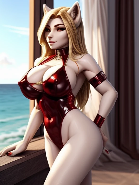 big muscular, women,latex catsuit, sexy,
blond long hair, 200cm tall, sea, nipple, wolf furry, big boobs, tail, femdom, show pussy