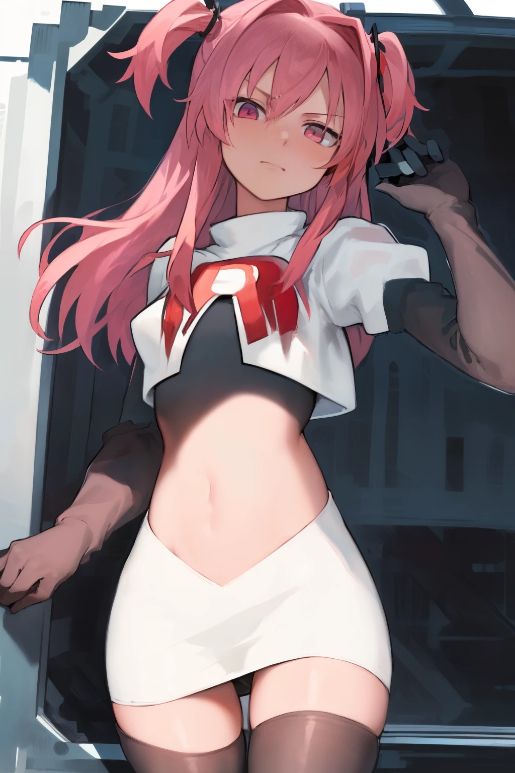 2d, masterpiece, best quality, anime, highly detailed, cowboy shot, 1girl, solo, natsuki, pink eyes, pink hair, medium hair, two side up, hair ribbon, hair ornament, pouty lips,  team rocket,team rocket uniform,white skirt,red letter R,crop top,black thigh-highs,black elbow gloves
