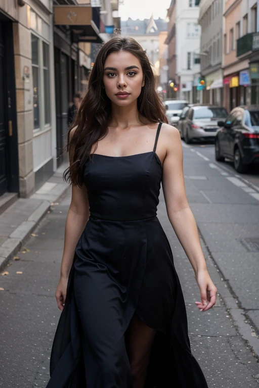 ((best quality)), ((masterpiece)), (detailed), perfect face realistic photo of beautiful woman with long dark brown hair, Russian, influencer, light freckles, dark brown eyes, big lips, no makeup, instagram, in a black dress walking down a street, a picture, tumblr, long luxurious gown, épaule devant pose, 💣 💥💣 💥, dark blue, asymmetric, long dress female, myself, taken in 2022, dark-skinned, black in