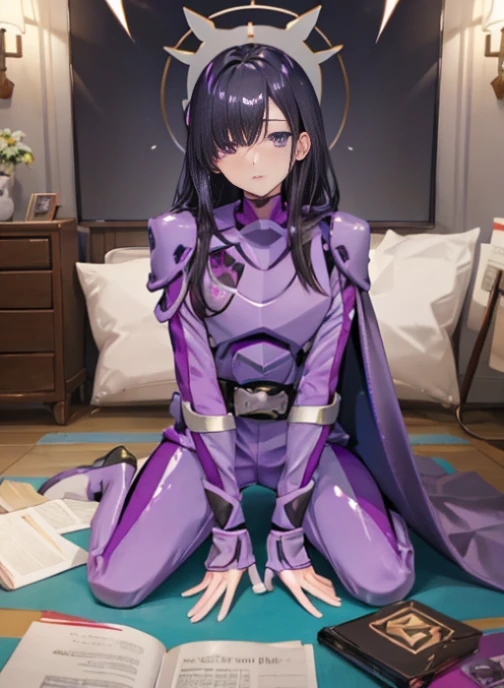 (very fine touch:1.2), (ray tracing:1.2), masterpiece, highest quality, high quality perfect face, solo 1 girl papillion auger, , cape, armor, belt, body suit, purple cape, purple body suit, gloves, buckle, black hair, left hair over one eye ,, purple eyes, No expression, long hair, defeat，Watery eye，crawl on all fours，Dogeza，