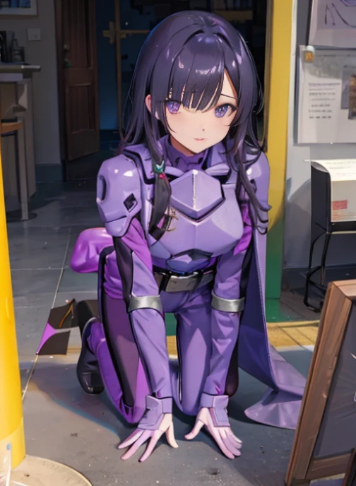 (very fine touch:1.2), (ray tracing:1.2), masterpiece, highest quality, high quality perfect face, solo 1 girl papillion auger, , cape, armor, belt, body suit, purple cape, purple body suit, gloves, buckle, black hair, left hair over one eye ,, purple eyes, No expression, long hair, defeat，Watery eye，crawl on all fours，Dogeza，