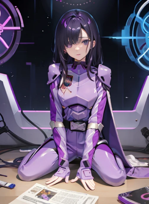 (very fine touch:1.2), (ray tracing:1.2), masterpiece, highest quality, high quality perfect face, solo 1 girl papillion auger, , cape, armor, belt, body suit, purple cape, purple body suit, gloves, buckle, black hair, left hair over one eye ,, purple eyes, No expression, long hair, defeat，Watery eye，crawl on all fours，Dogeza，