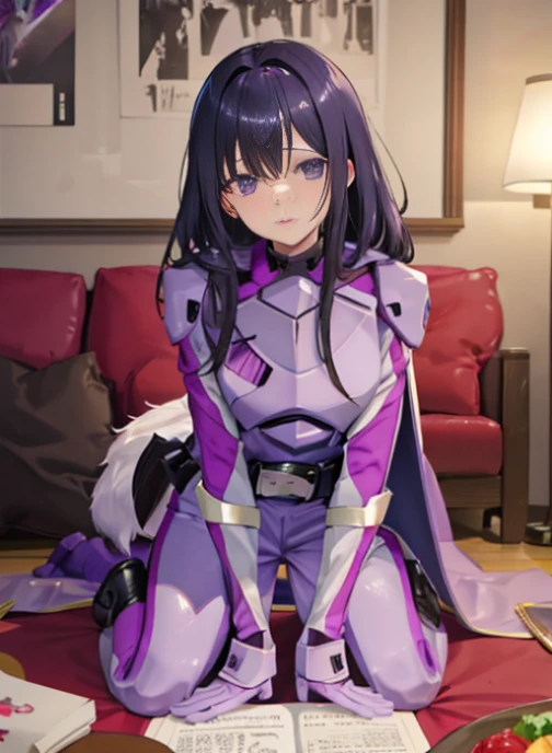 (very fine touch:1.2), (ray tracing:1.2), masterpiece, highest quality, high quality perfect face, solo 1 girl papillion auger, , cape, armor, belt, body suit, purple cape, purple body suit, gloves, buckle, black hair, left hair over one eye ,, purple eyes, No expression, long hair, defeat，Watery eye，crawl on all fours，Dogeza，