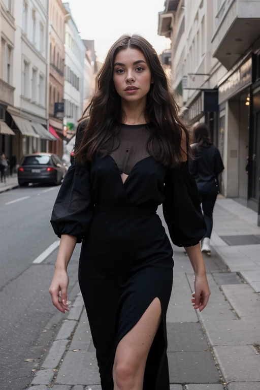 ((best quality)), ((masterpiece)), (detailed), perfect face realistic photo of beautiful woman with long dark brown hair, Russian, influencer, light freckles, dark brown eyes, big lips, no makeup, instagram, in a black dress walking down a street, a picture, tumblr, long luxurious gown, épaule devant pose, 💣 💥💣 💥, dark blue, asymmetric, long dress female, myself, taken in 2022, black in