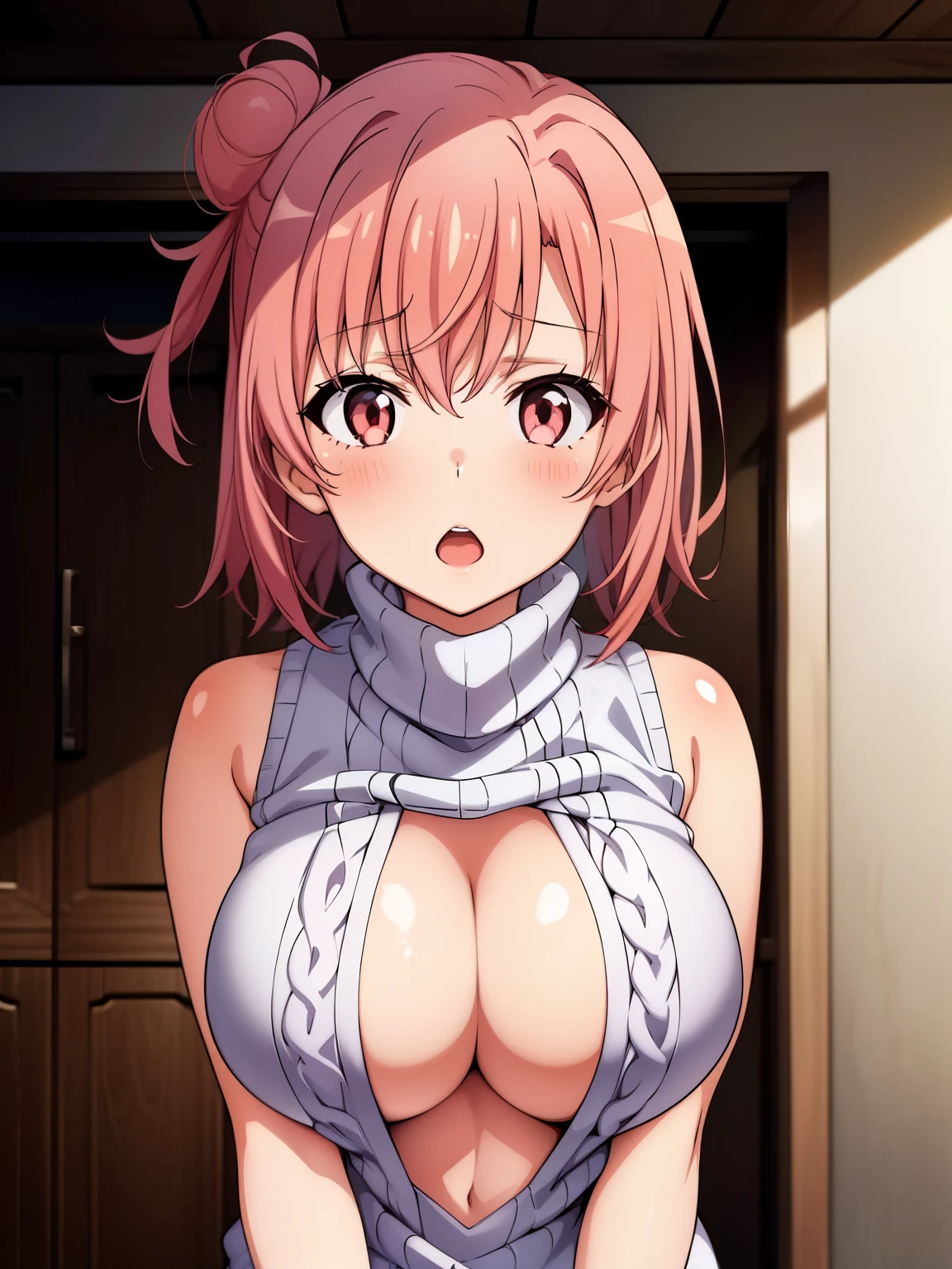 (muste piece, best quality, High resolution, ticker, perfect pixel, Depth of the bounds written, In 4K), 
1 girl,  Lori, beautiful anime girl, 
 
perfect body,  

Yuigahama Yui, short hair, pink hair, hair bun, big boobs,

shy, blush, open mouth,   
pov, 
virgin killer sweater, 
sleeveless, 
White Sweater, 