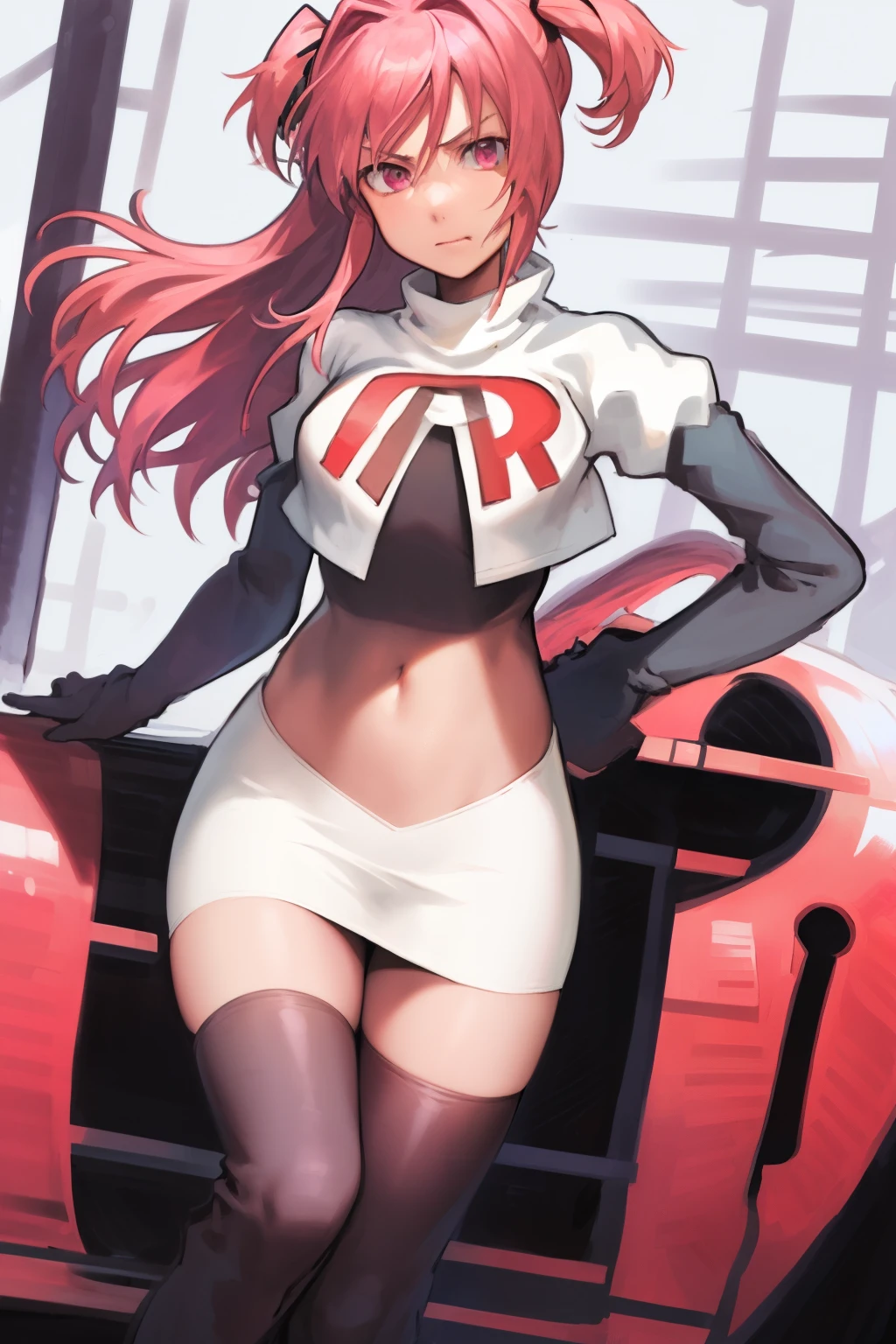 2d, masterpiece, best quality, anime, highly detailed, cowboy shot, 1girl, solo, natsuki, pink eyes, pink hair, medium hair, two side up, hair ribbon, hair ornament, pouty lips, team rocket,team rocket uniform,white skirt,red letter R,crop top,black thigh-highs,black elbow gloves