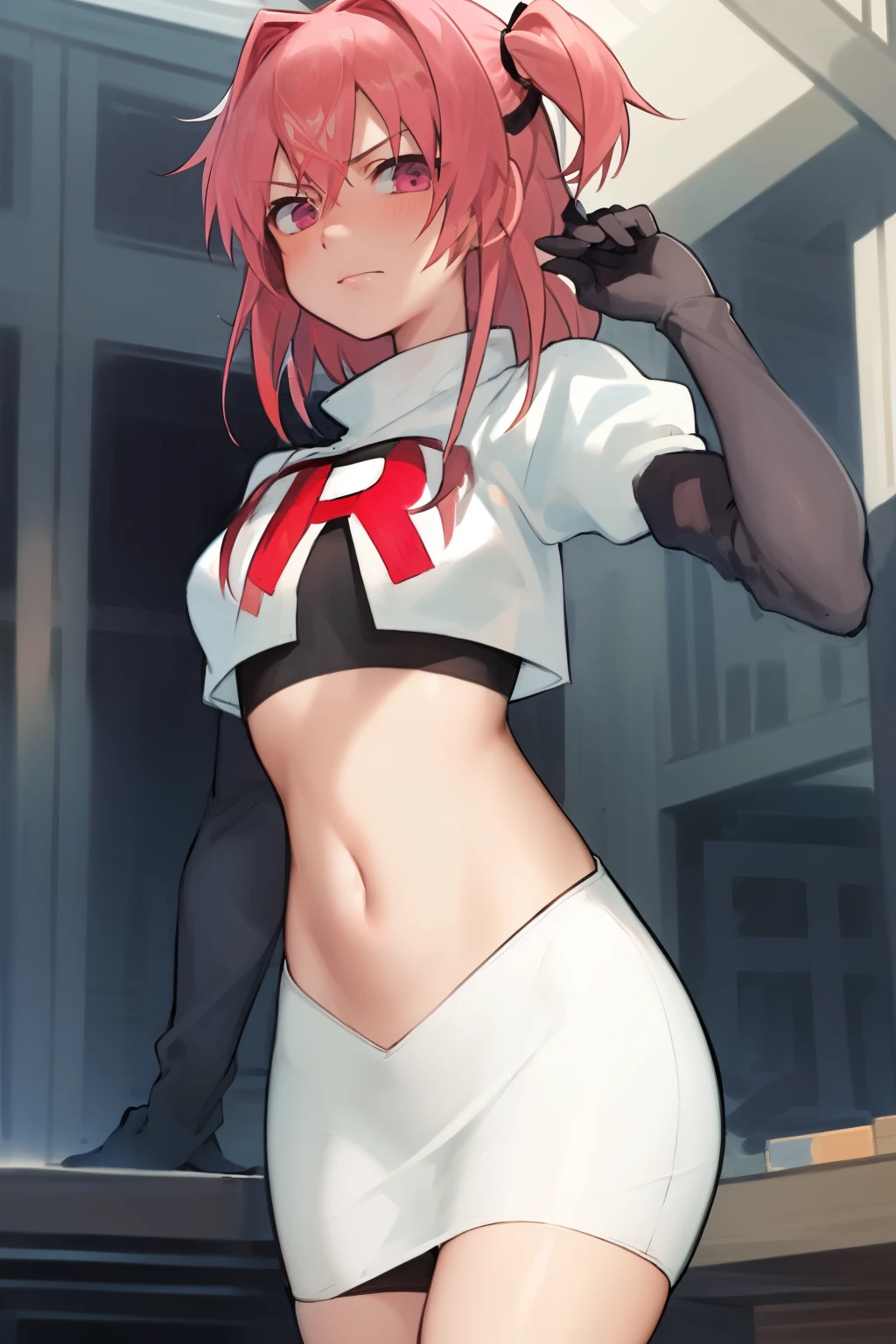 2d, masterpiece, best quality, anime, highly detailed, cowboy shot, 1girl, solo, natsuki, pink eyes, pink hair, medium hair, two side up, hair ribbon, hair ornament, pouty lips,  team rocket,team rocket uniform,white skirt,red letter R,crop top,black thigh-highs,black elbow gloves
