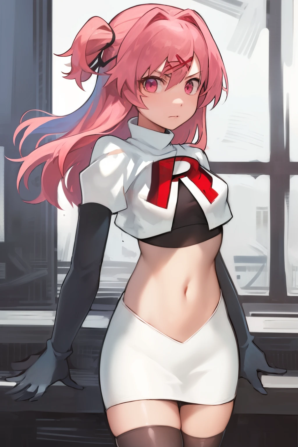 2d, masterpiece, best quality, anime, highly detailed, cowboy shot, 1girl, solo, natsuki, pink eyes, pink hair, medium hair, two side up, hair ribbon, hair ornament, pouty lips,  team rocket,team rocket uniform,white skirt,red letter R,crop top,black thigh-highs,black elbow gloves
