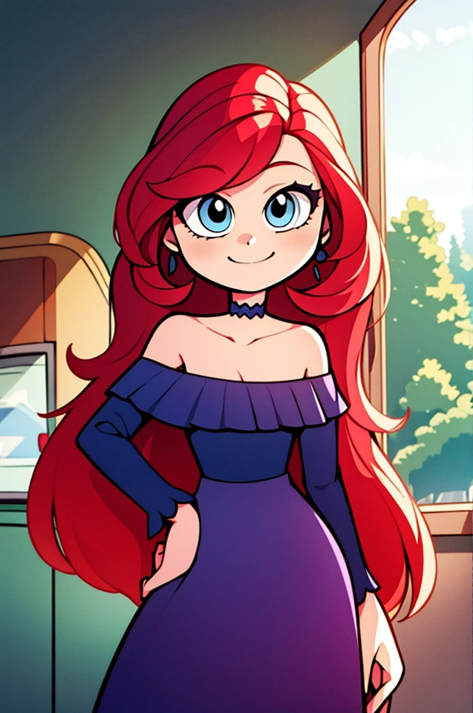 1 girl, Teenage, Red hair, Long Red hair, Medium Hair, Blue eyes, Purple off shoulder dress, Purple Flamenco Dress, Flamenco dancer, long skirt, Smile, room, indoor, window, daylight at the city, Sexy, masterpiece, High quality. 2D illustration, close up.
